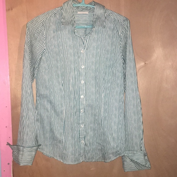 Dark green & white striped button down. - Picture 1 of 2